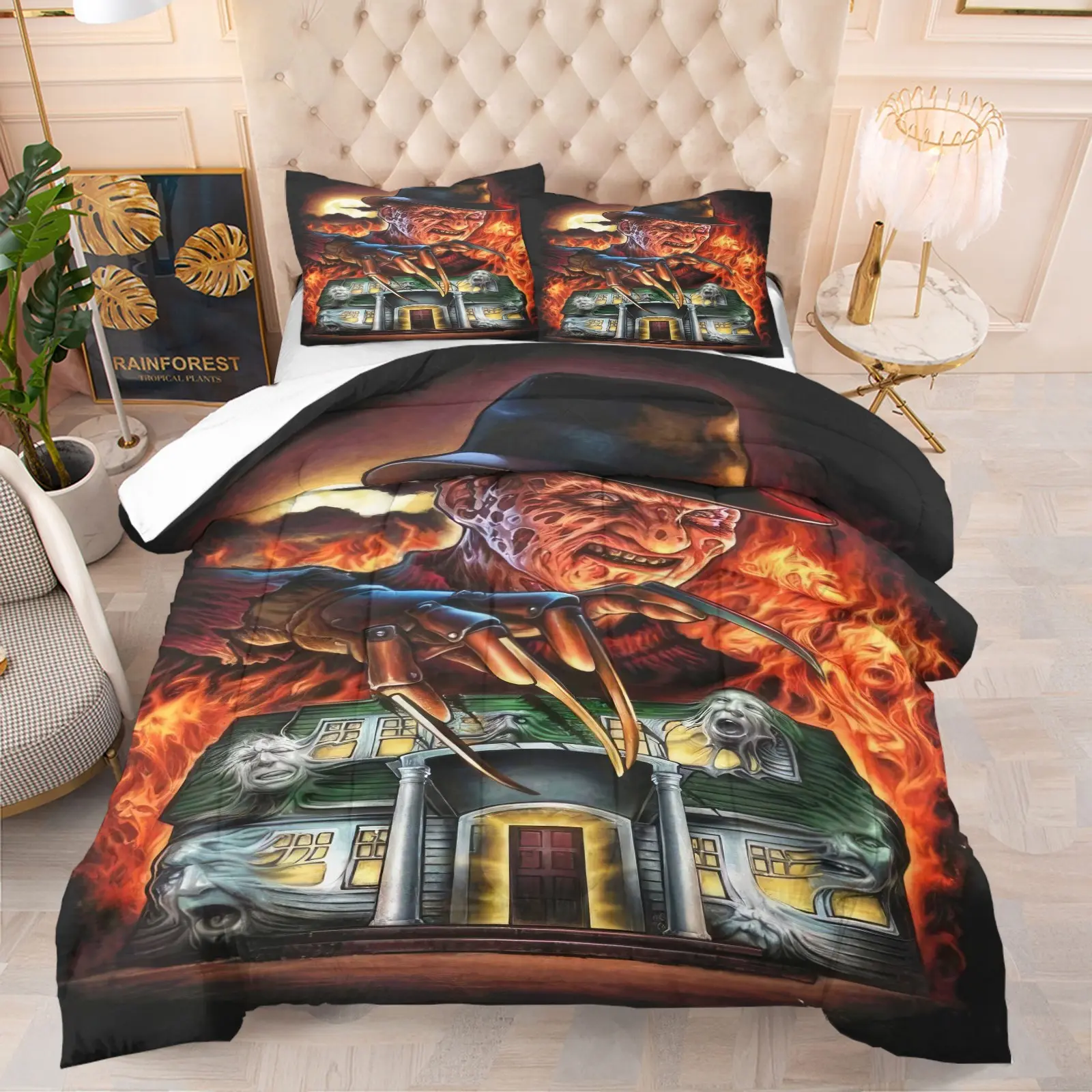 Scarred Monster Claw Flame Haunted House Print Comforter Set, Dark Horror Bedding Set, Soft Microfiber, HD Fade-Resistant Digital Print, Reinforced U-Shaped Quilt Stitching, Machine Washable, Includes 1/2 Pillowcases - without Core Bedroom Decor