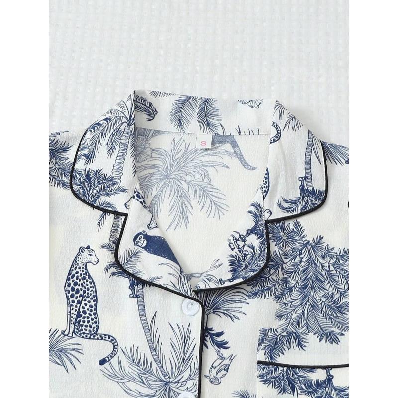 2pcs Soft Palm Tree & Giraffe Print Lapel Button Short Sleeve Top With Pocket And Bowknot Shorts Pajama Set, Women Loungewear For Home Wear, Spring & Summer Fabric Fit rave outfit 90s graphic tees office outfits women ibiza outfits women's summer outfits