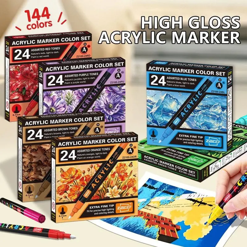 0.7mm Fine Hard Tip Acrylic Markers Set 24 Colors Per Box Total 144 Colors, Waterproof Quick Dry Pens For DIY Crafts