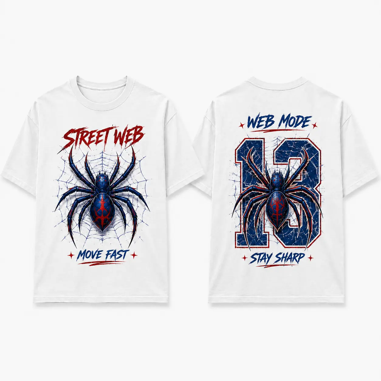 Double Sided Street Web Move Fast Spider Graphic T-Shirt, Web Mode 13 Vintage Cracked Texture Oversized Gothic Streetwear Casual Tee