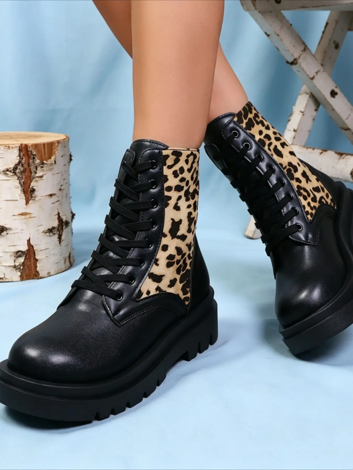 Leopard spliced thick sole mid-calf boots lace-up stylish design anti-slip outsole trendy women fashion boots for autumn winter
