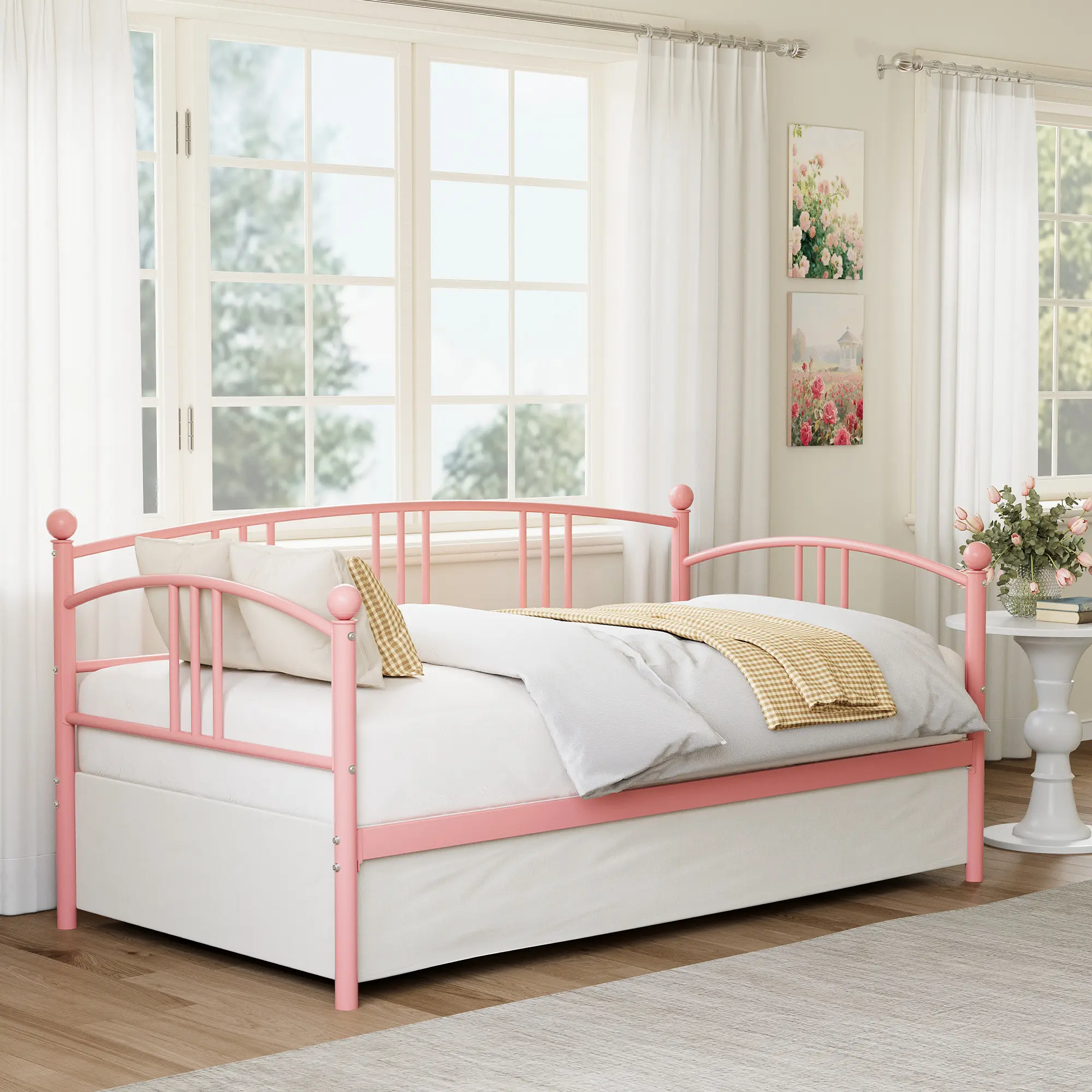 Twin Size Metal Daybed with Pull-Out Trundle, Pink Arch Bed Frame Set with 6 Universal Casters & Cute Ball Decoration, Heavy Duty Space Saving Daybed Sofa Bed for Kids Bedroom, Living Room, Guest Room (No Box Spring Needed)