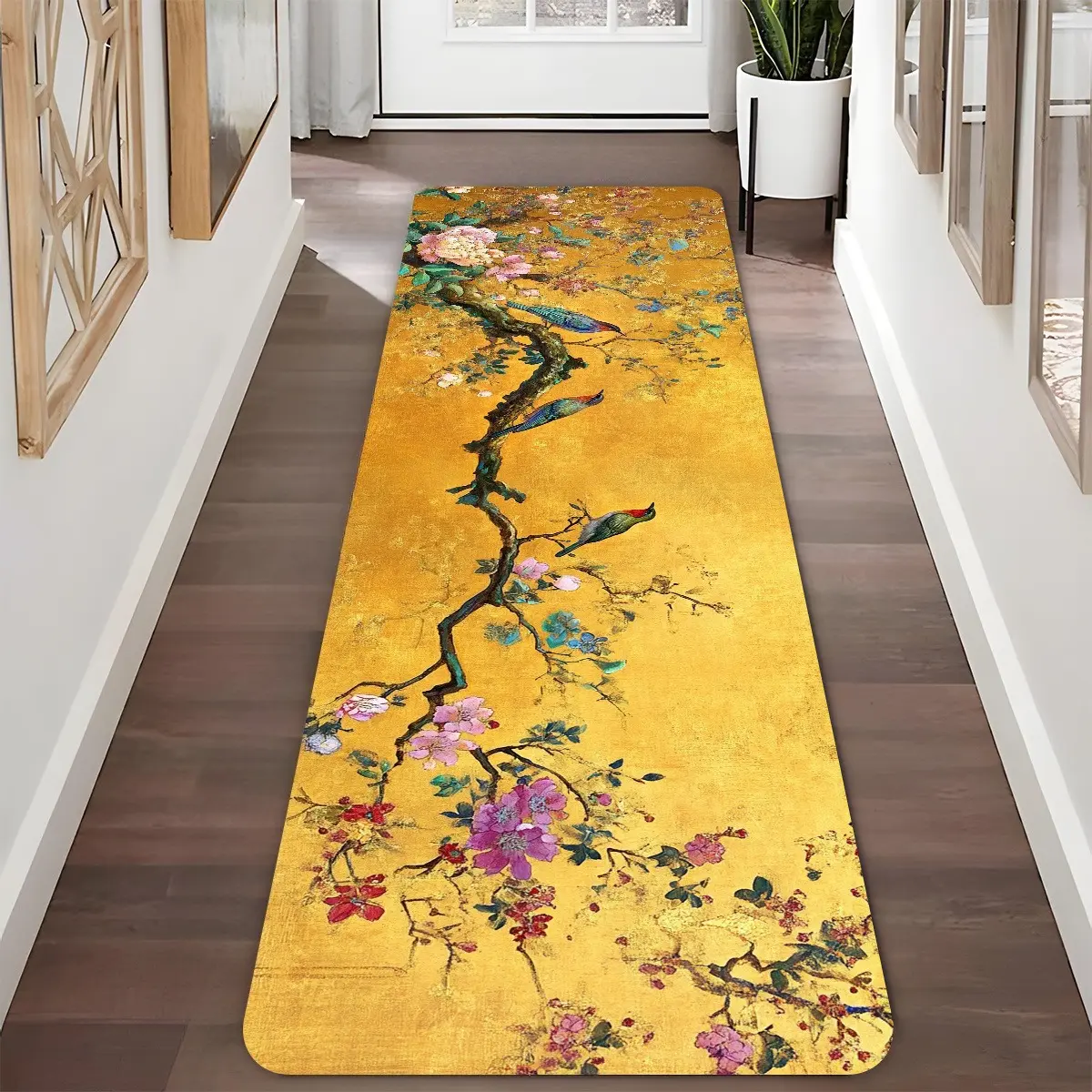 1-Piece Rustic Vibrant Polyester Peach Blossom & Snow Non-Slip Runner Rug - 70"x26", 60x22inch, 1.0cm Thick, Artificial Fiber, Durable, Dustproof, Wrinkle-Resistant, Machine-Washable, Elegant Home Decor Gift for Hallways, Bathrooms