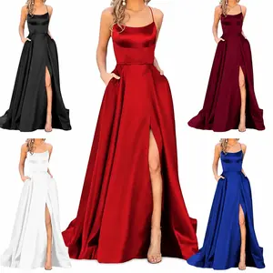 Women Spaghetti Straps Satin Long Prom Dress with Pockets, Slit Floor Length Train Formal Evening Gown, Elegant Bridesmaid Wedding Guest Party Maxi Dress
