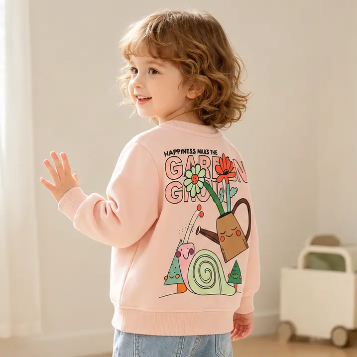 （Please Check Size Chart）Kids Pink Garden Graphic Sweatshirt, Cute Long Sleeve Crewneck Pullover with Front and Back Print, Comfortable Everyday Outfit for School, Playtime, Travel, Spring and Fall, Easy Matching Style.