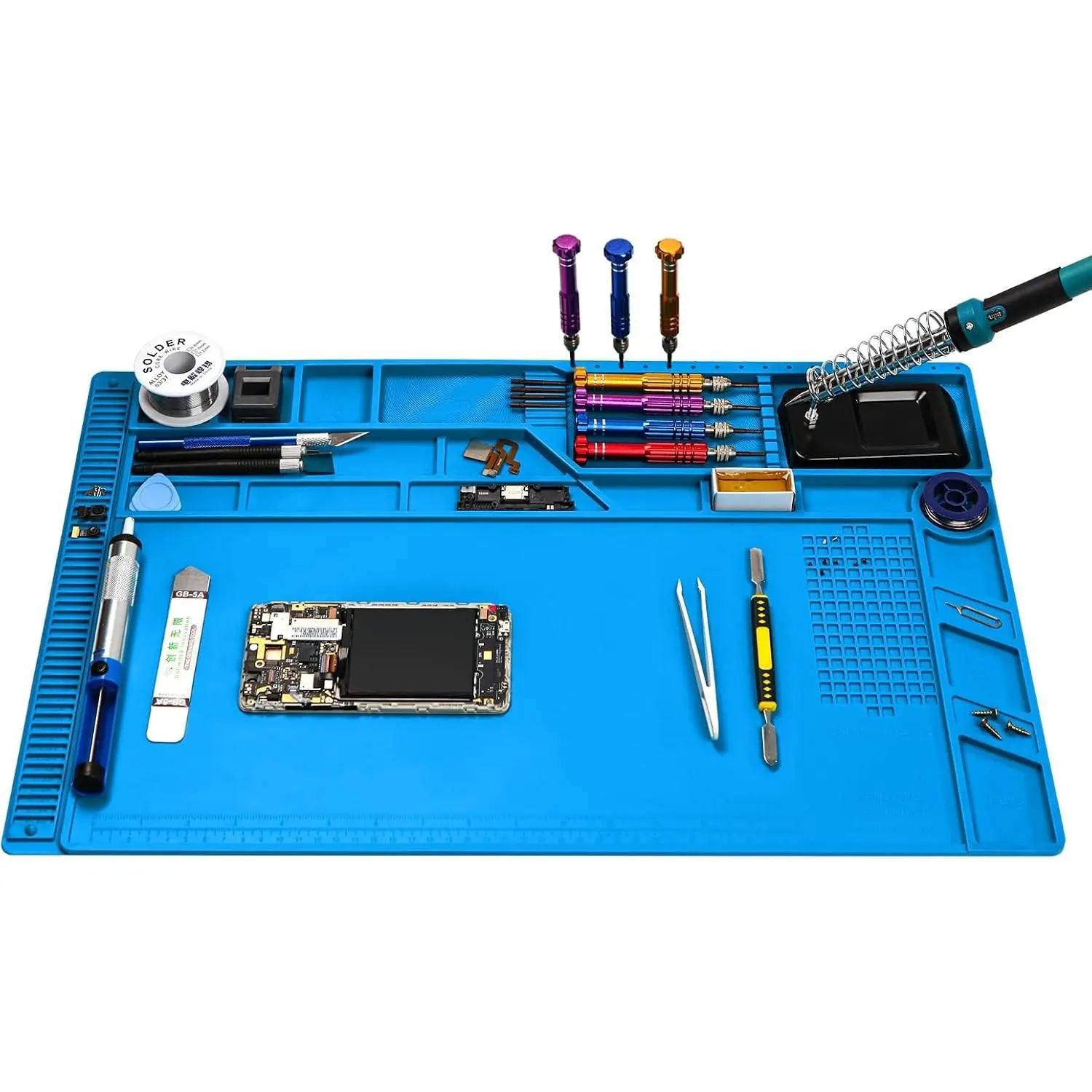 Large Silicone Soldering Mat for Electronic Repair, 21.6 x 13.8 in | Heat Resistant 932°F, Anti-Static, Magnetic Screw Tray, Scale Ruler, BGA, Phone Watch Laptop PCB Workbench