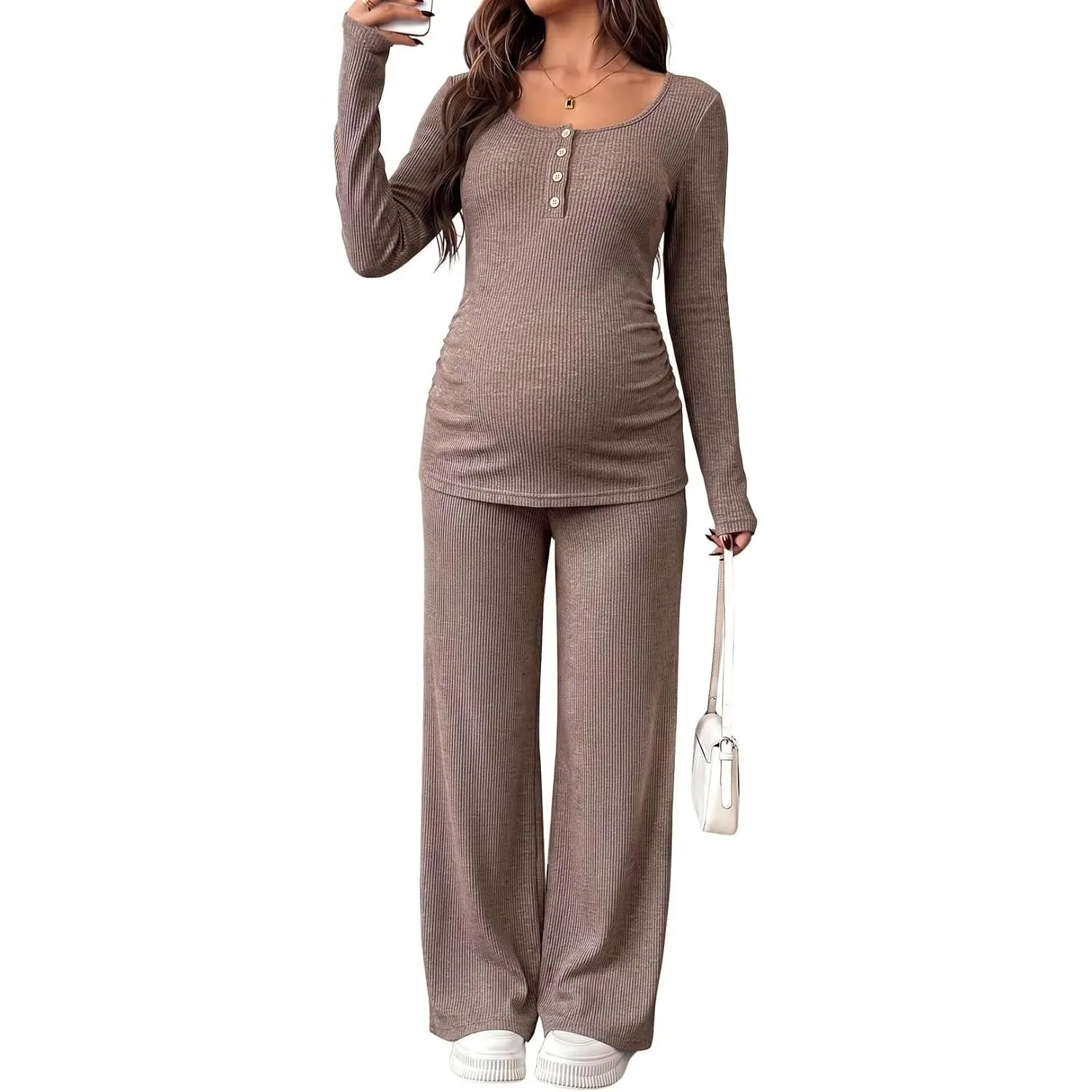 Maternity Clothes Ribbed Long Sleeve Sets Button 2 Piece Outfits | Fall Casual Comfy Knit Pajamas, Pregnancy Loungewear Matching Set With Pocketss, Office Work Nursing Postpartum