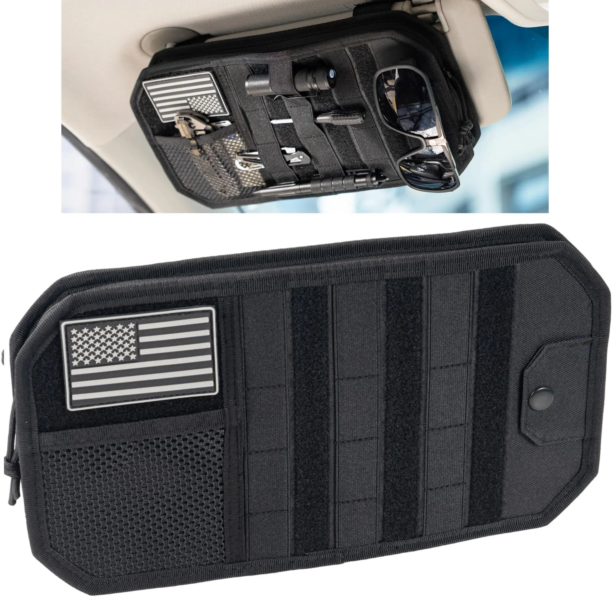1000D sun visor storage bag, with zippered sun visor storage bag, car sunglasses holder, hard MOLLE panel, suitable for most cars, SUVs and trucks.