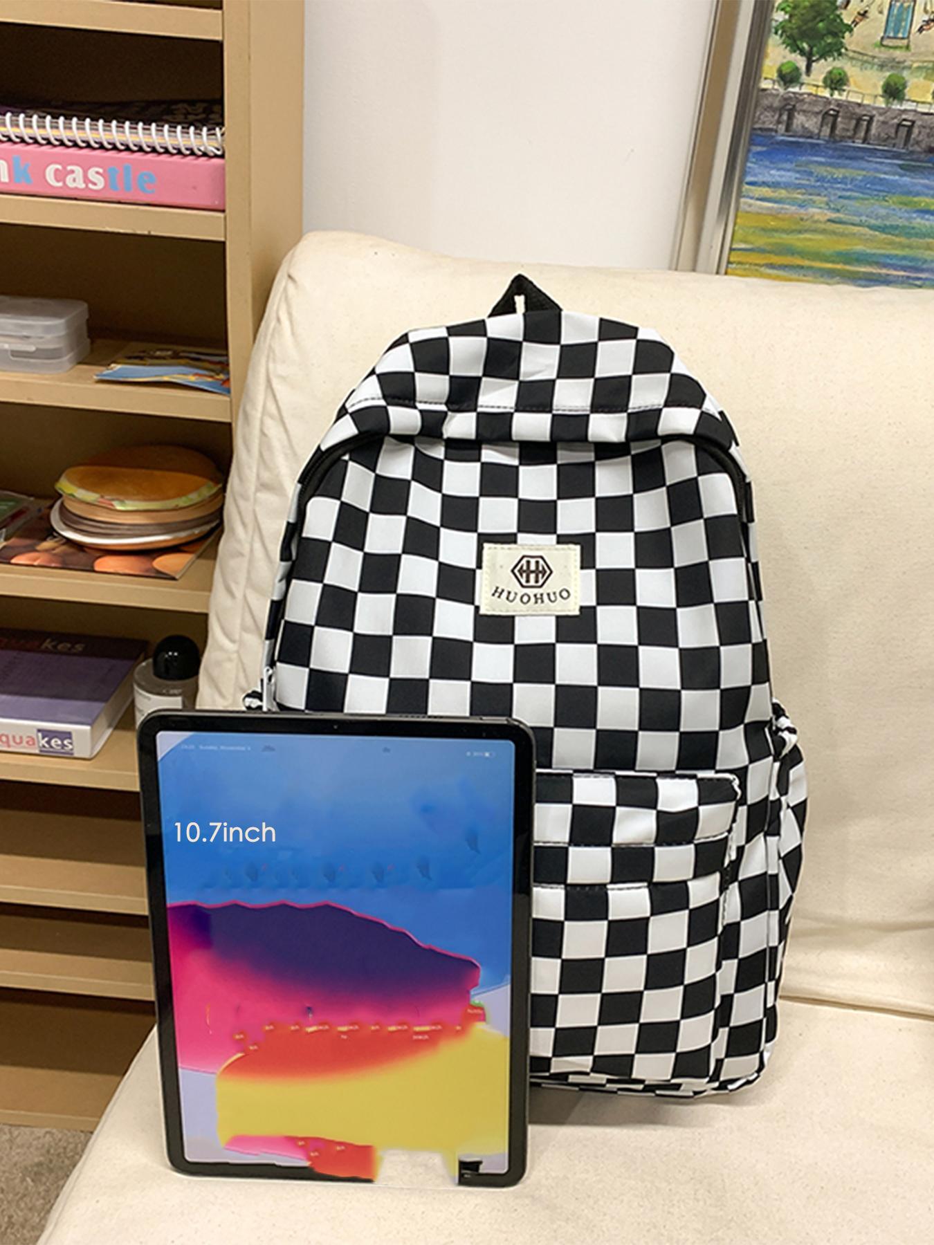 Checkerboard Pattern Backpack & Lunch Bag & Pencil Case Set, Casual Large Capacity School Bag Set for Women & Men, Fashionable Backpack Set for Daily Use