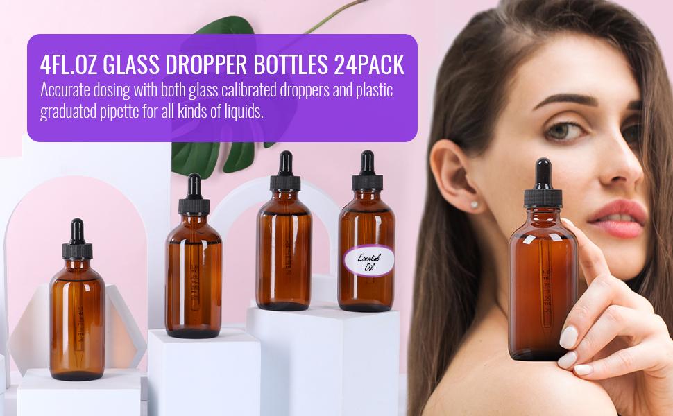 4 oz Dropper Bottles Glass 24Pack, Amber Glass Tincture Bottles with Dropper - Dropper Bottle 4 oz with Funnel/Stickers/Plastic Graduated Pipette (4fl.oz, Set of 24)