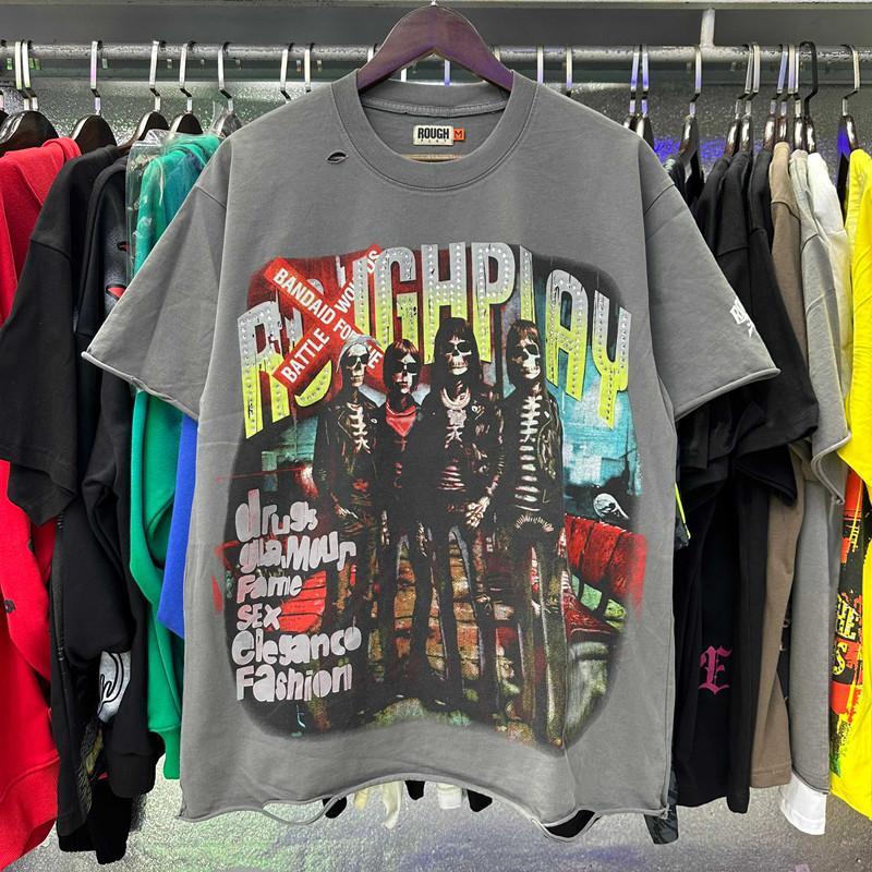 Vintage Washed Roughplay T-Shirt, Heavyweight White Ink Jesus Skull Print, Retro Rockabilly Bling Diamond Patchwork, American Hip Hop Unisex Streetwear Short Sleeve Cotton Tee