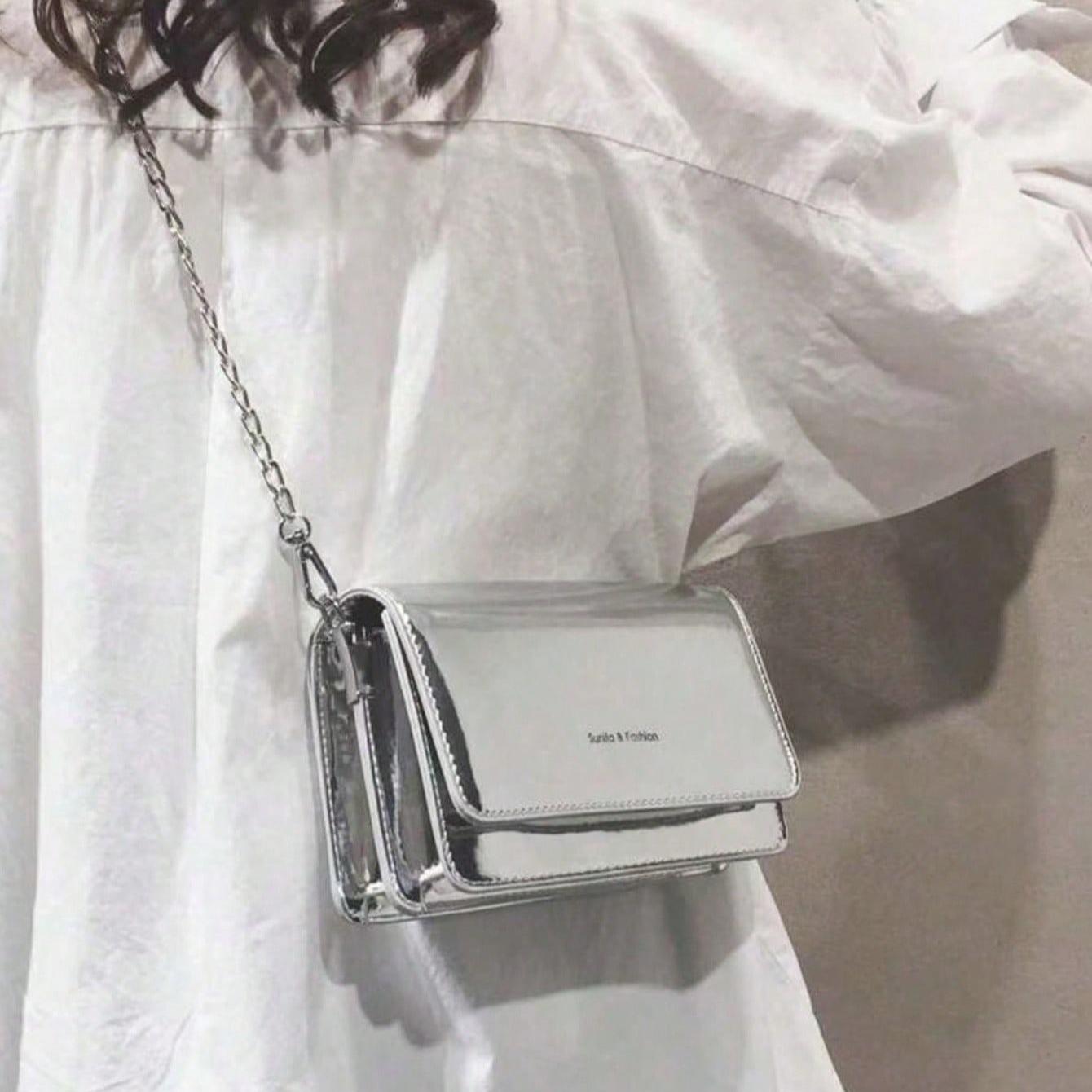 Lightweight Casual Mini Metallic Letter Graphic Flap Square Shoulder Bag for Women, Cute Crossbody Bags Wallets Work Bags Trending Purses for 2026 Everyday Handbag for Commuting, Traveling, Shopping