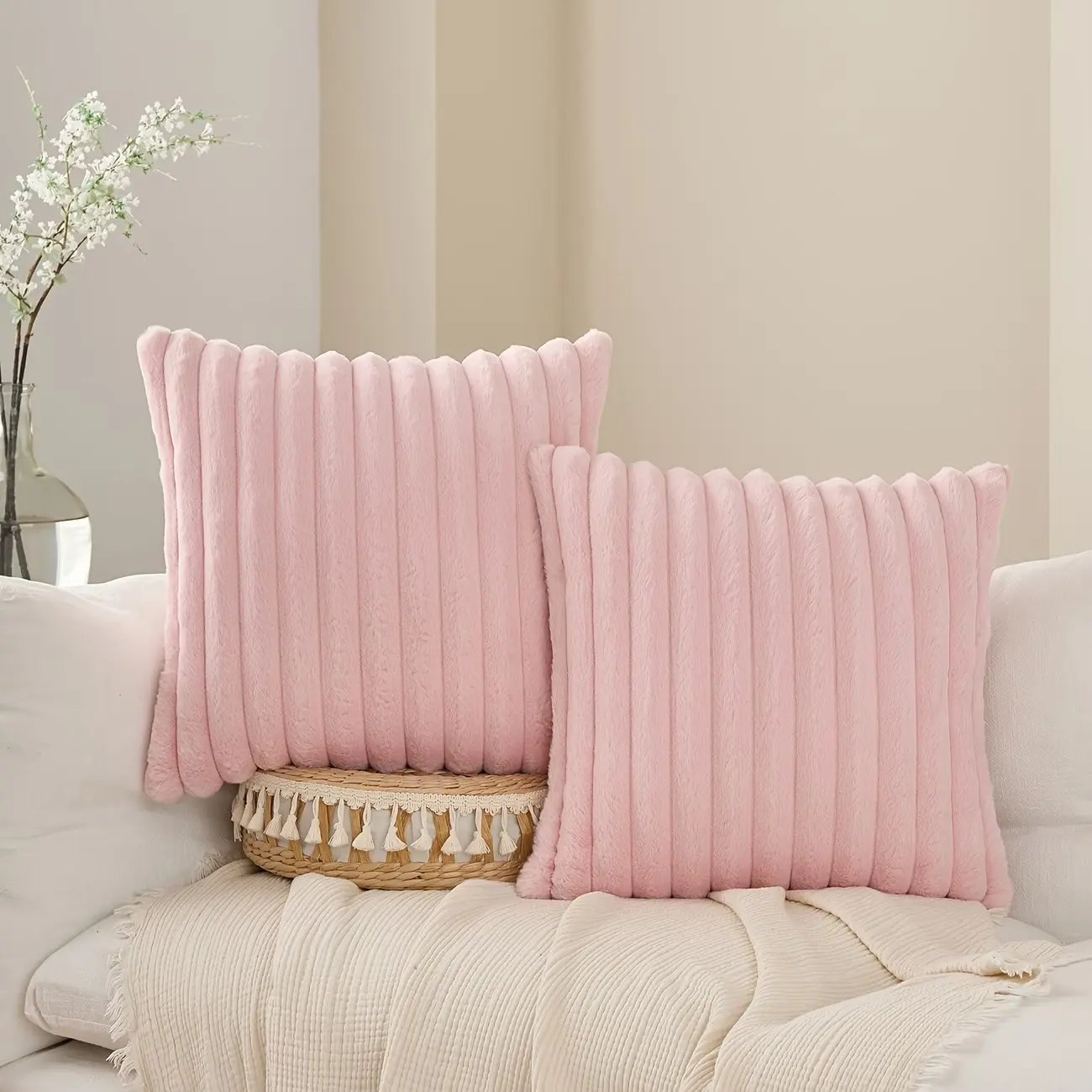 Boho Plush Pillow Covers Set, Luxury Soft Cushion Covers for Sofa Bed Car, Couch Cushion Cover, Pet Friendly, Modern Farmhouse Decor, Multiple Sizes, No Insert Included, Room Cozy Accessories
