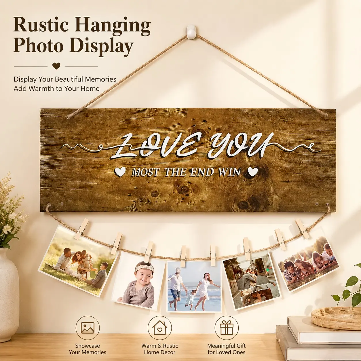1 Pc Wooden Hanging Photo Display – Rustic Picture Holder with Clips, Wall Photo Hanger, Family Memory Board, Photo Collage Display, Postcard Holder, Polaroid Display and Wooden Wall Decor Sign.