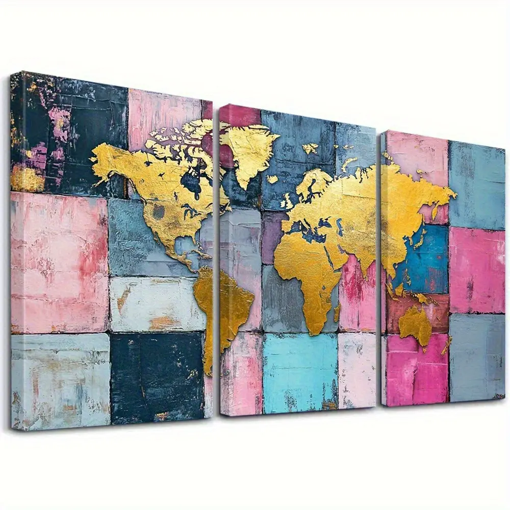 3 pieces, 2D framed golden continent poster set, modern wall decoration, world map art print, abstract geographical canvas artwork, textured painting, global poster, decorative art, home decoration, room decor