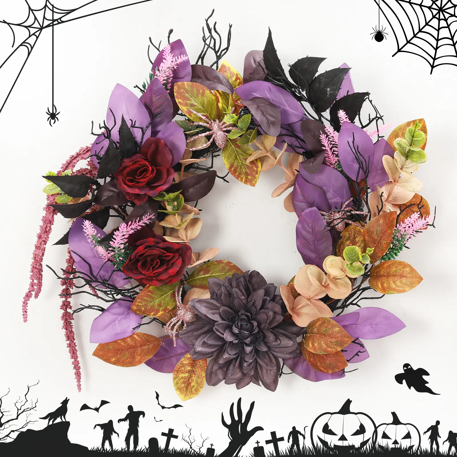 18-in Goth Round Waterproof Halloween Wreath for Front Door, Colorful Artificial Welcome Wreath with Roses & Spiders, Indoor-Outdoor Wall Holiday Ornaments Decorations