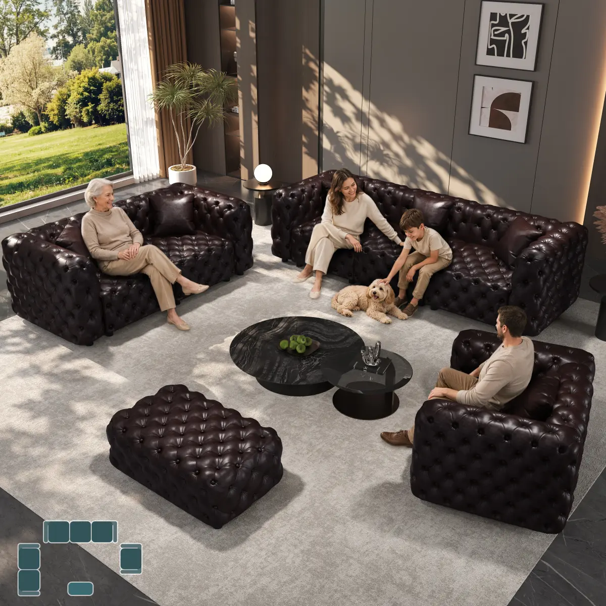 Aobtkel PU Leather Modular Sectional Couch - Handmade Button Tufted Upholstered Sectional Sofa, Multi-Combination Ottoman for Living Room Entertaining, Dark Brown, Requires Assembly