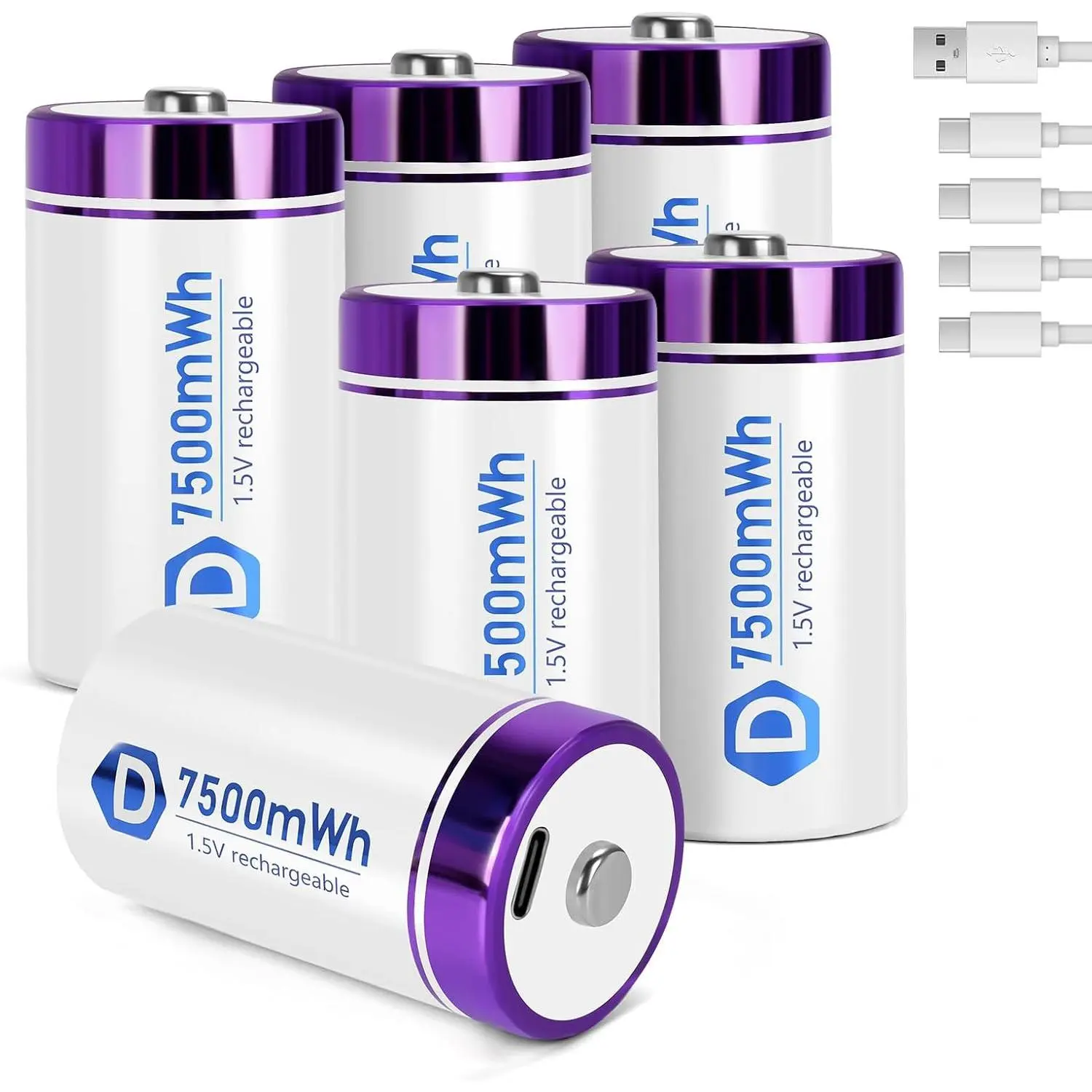 Rechargeable Lithium D Batteries with 4 in 1 USB-C Charge Cables 6 Pack D Cell Li-ion Battries LR20 1.5V D Size Cell Battery Replacement 7500mWh for Floodlight 6 Pcs