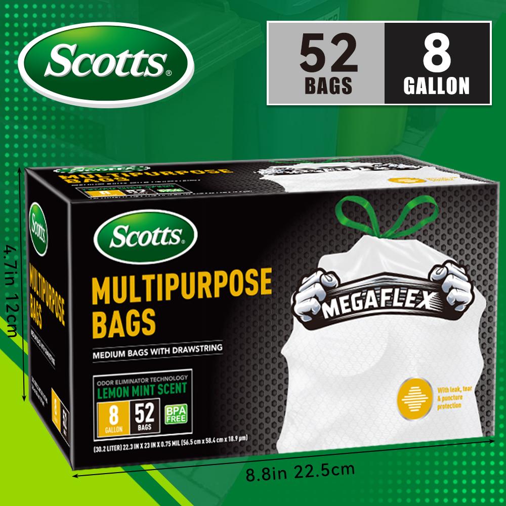 Scotts 52 Bags 8 Gallon Boxed Disposable Non Tear Puncture Tear Resistant Trash Bags, ODOR ELIMINATORTECHNOLOGY Kitchen,Toilet Drawstring Garbage Bags, Fresh Clean Scent With Lemon mint Scent, Multipurpose Easy To Usedrawstrings More Durable