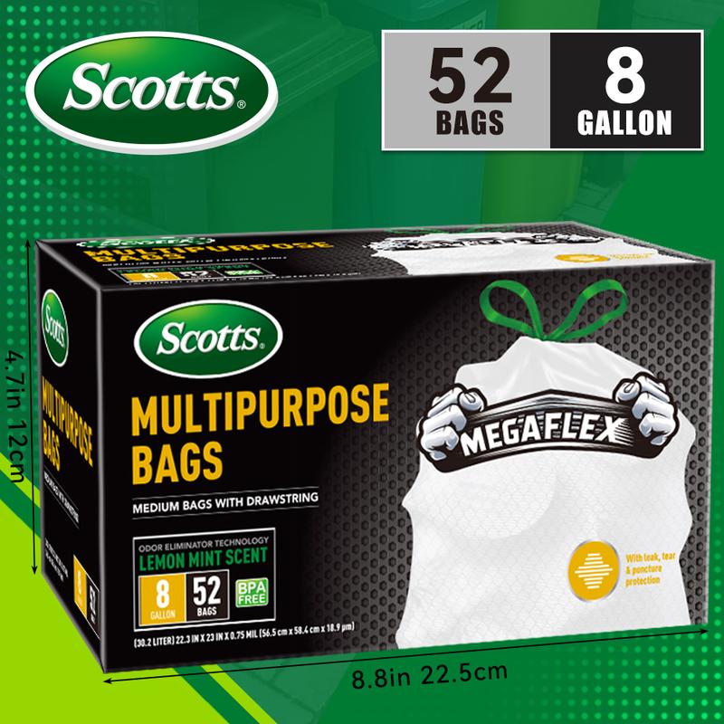 Scotts 52 Bags 8 Gallon Boxed Disposable Non Tear Puncture Tear Resistant Trash Bags, ODOR ELIMINATORTECHNOLOGY Kitchen,Toilet Drawstring Garbage Bags, Fresh Clean Scent With Lemon mint Scent, Multipurpose Easy To Usedrawstrings More Durable