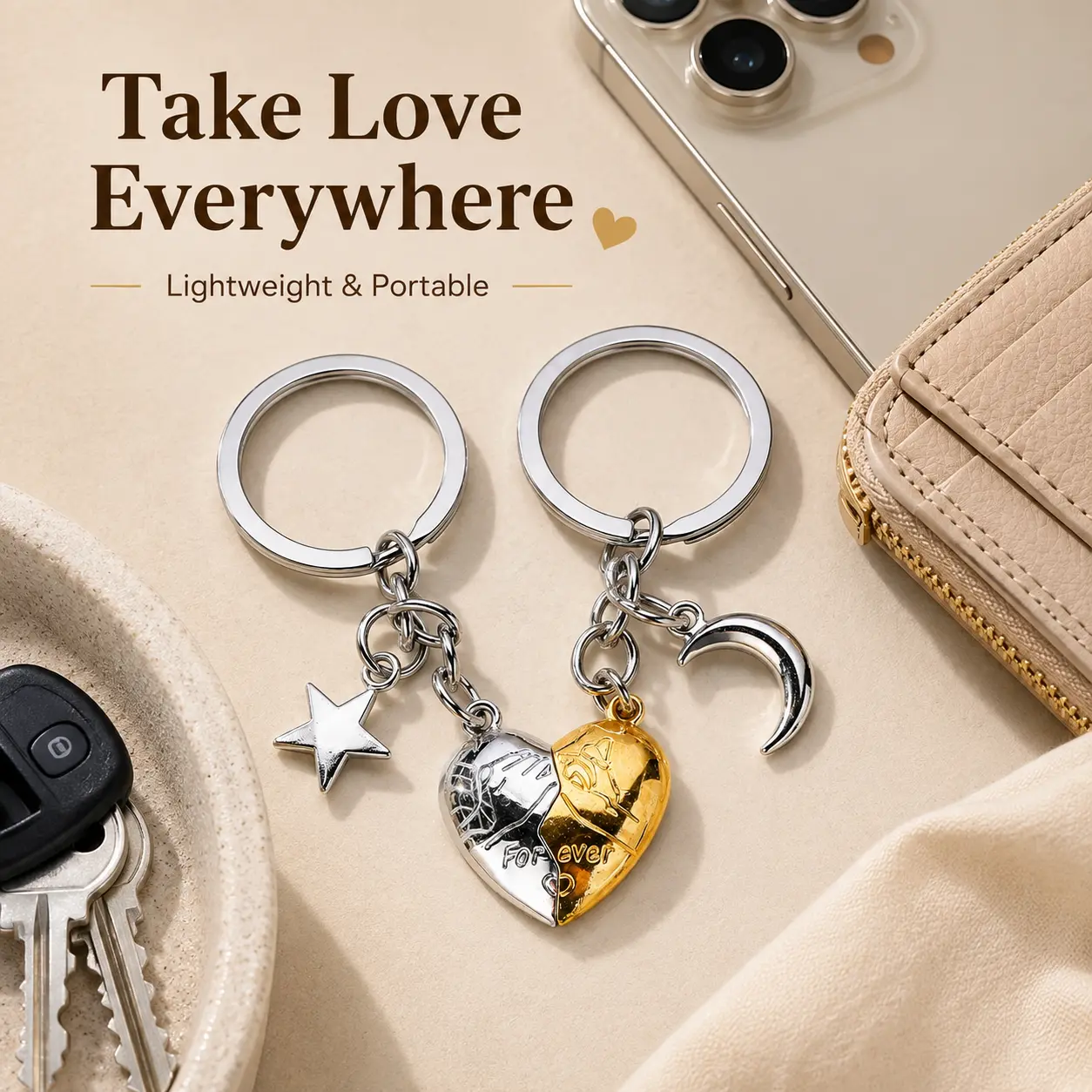 Magnetic Heart Keychain - Heart Design Keychain with Star and Moon Accent, Dual Purpose Magnetic Snap Fit, Romantic Gifts for Girlfriend, Sweet Everyday Gift for Love Tokens, Keychain For Purse, Gf Gift