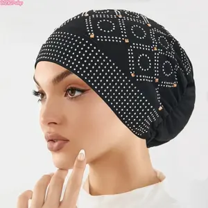 Trendy Rhinestone Crystal Turban Hat for Women, Breathable Linen Under Scarf Beanie, Stretchy Soft Base Head Wrap, Elegant Sparkly Head Cover for Daily Outings, Spa Days, Travel and Fashion Matching