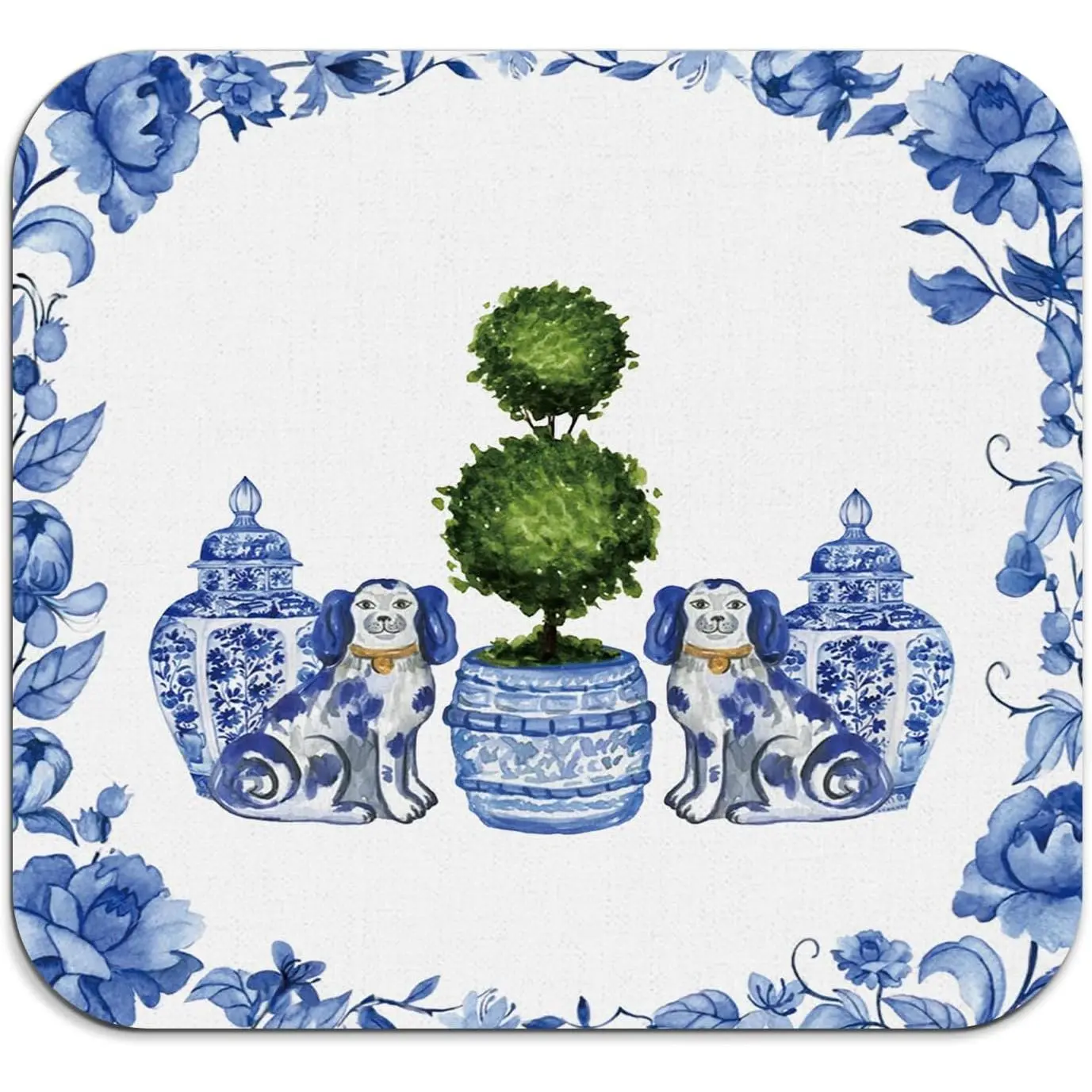 Chinoiserie Dish Drying Mat - Blue And White Porcelain, Dog Drying Mat for Kitchen Counter, Coffee Bar Mat, Vintage, 16x17.5 Inch