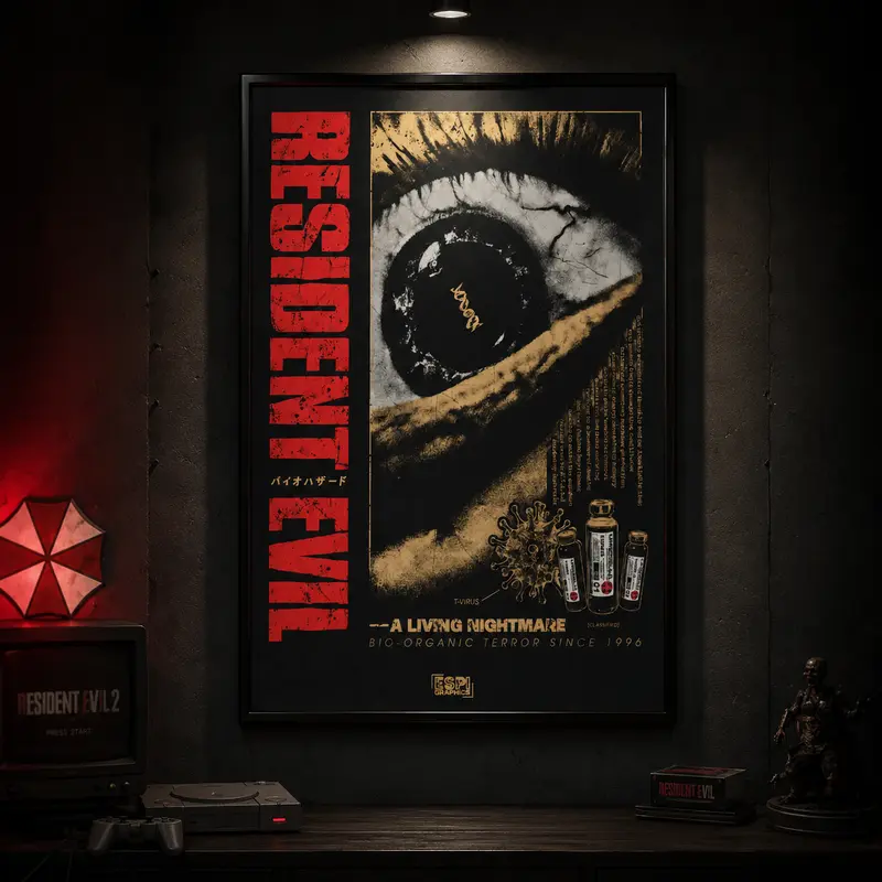 Resident Evil (1996) Original Nightmare Unframed Poster - Umbrella Corp Laboratory Schematic Art Print - Classic PlayStation Horror Game Wall Decor, Canvas Wall Art Print, Dark Horror Game Poster for Bedroom Dorm Gaming Room Office, Gift for Horror Fans