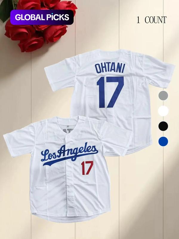 Men's Letter & Figure Embroidered Baseball Jersey, Casual Loose Short Sleeve V Neck Baseball Top for Fall & Winter, Men's Sportswear for Training & Competition