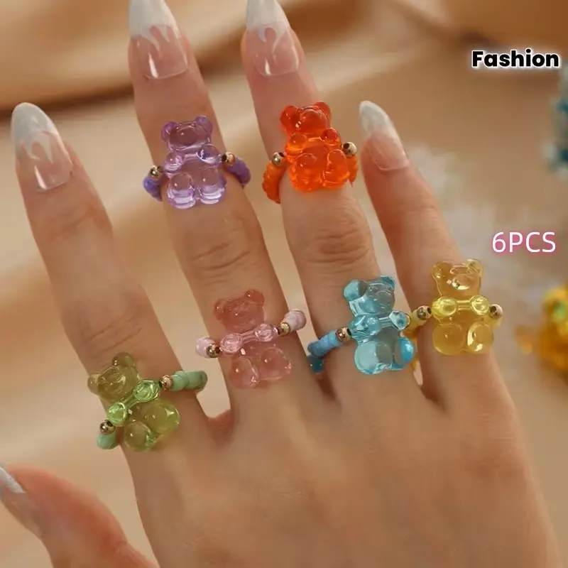 6-Piece Set Colorful Jelly Resin Bear Rings, Adjustable Seed Bead Stackable Fashion Rings, Perfect for Teenagers
