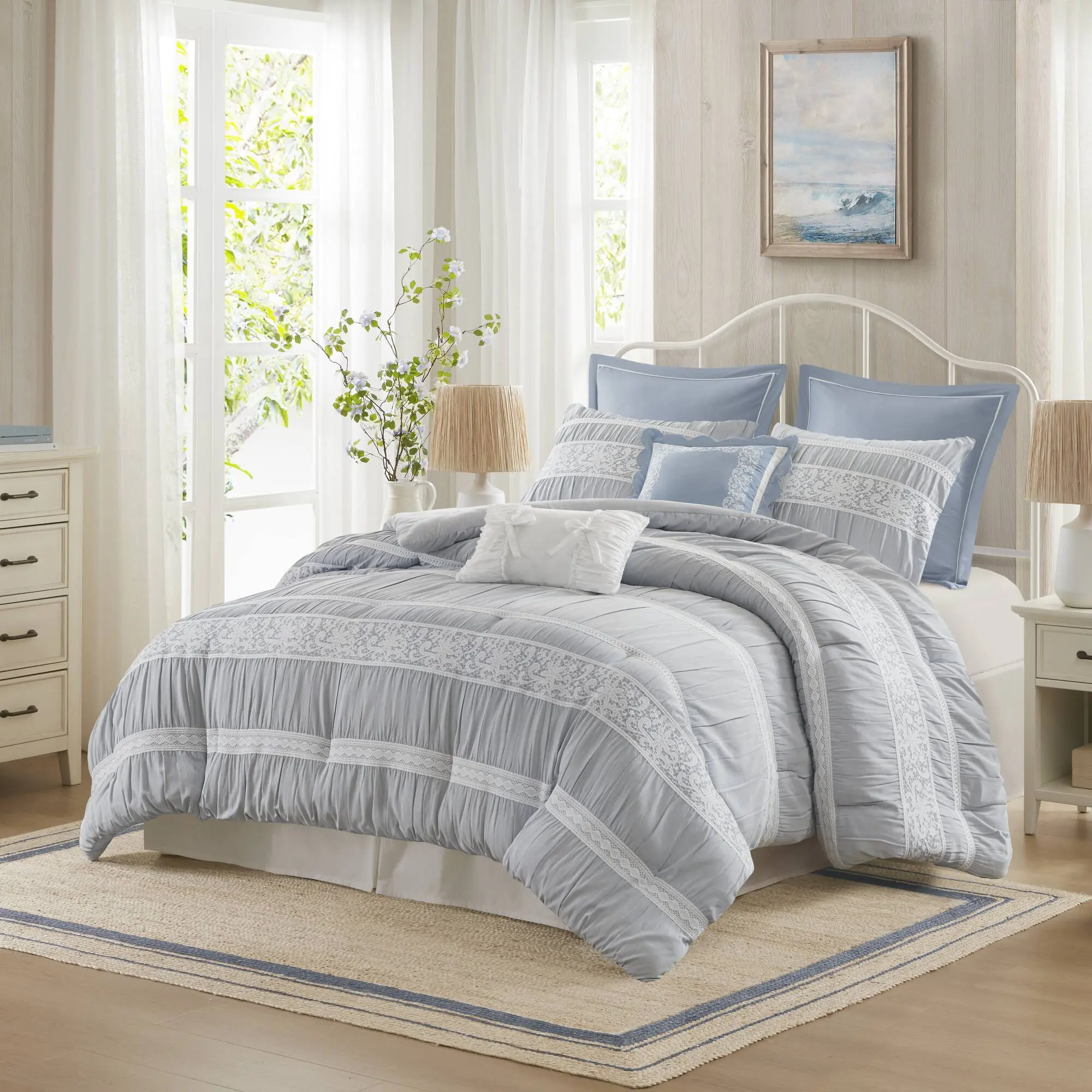 Nokaa King Size 7-Piece Jacquard Comforter Set - Complete Bedding Ensemble with Sheets, Pillowcases, Shams, Bed Skirt for Master Bedroom, Guest Room, All-Season Down Alternative Bed in a Bag