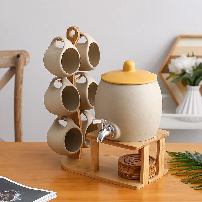 Nordic Creative Ceramic Water Pitcher Cup Set with Tap, High Temperature Resistant Household Cold Water Jug for Juice and Beverages
