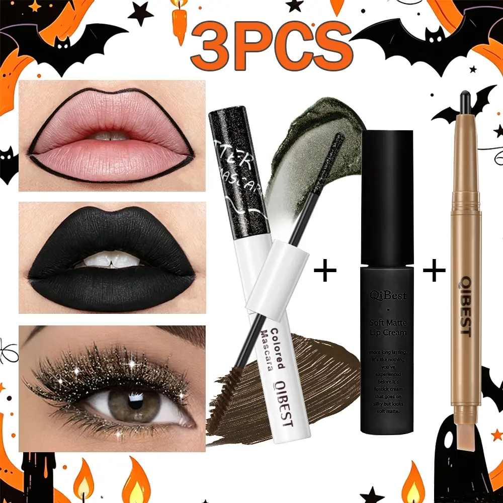 3 piece dark gothic makeup set, black lip gloss+lipliner, black mascara, Halloween makeup