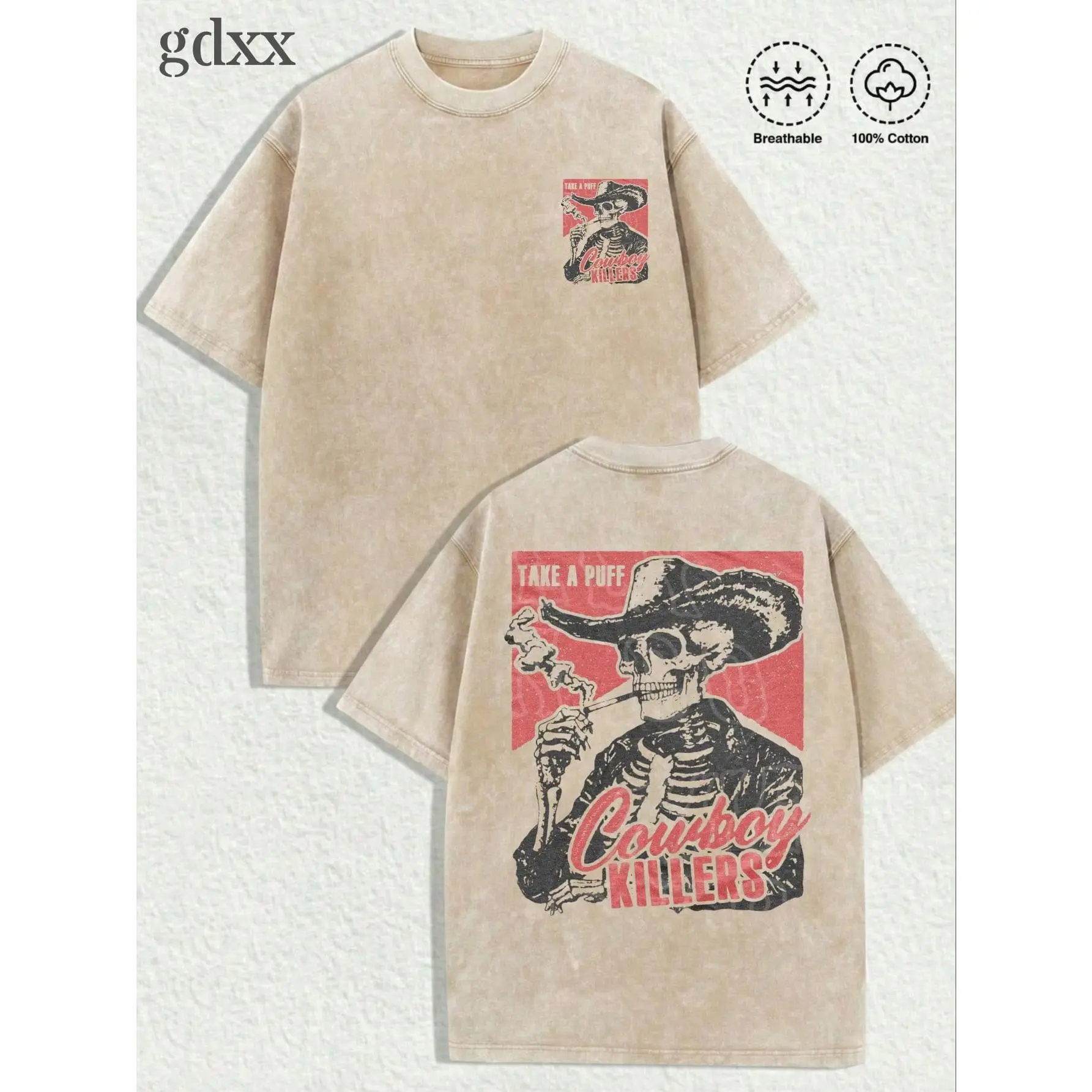 Women's Cowboy Killers Skeleton Graphic Garment - Vintage Acid Wash, Heavyweight Premium Cotton, Classic Short-Sleeve Crewneck, Breathable Drape, Front Small Logo, Back Print, Retro Western, Oversized Loose Casual Top, Ideal Gift, Shortsleeve