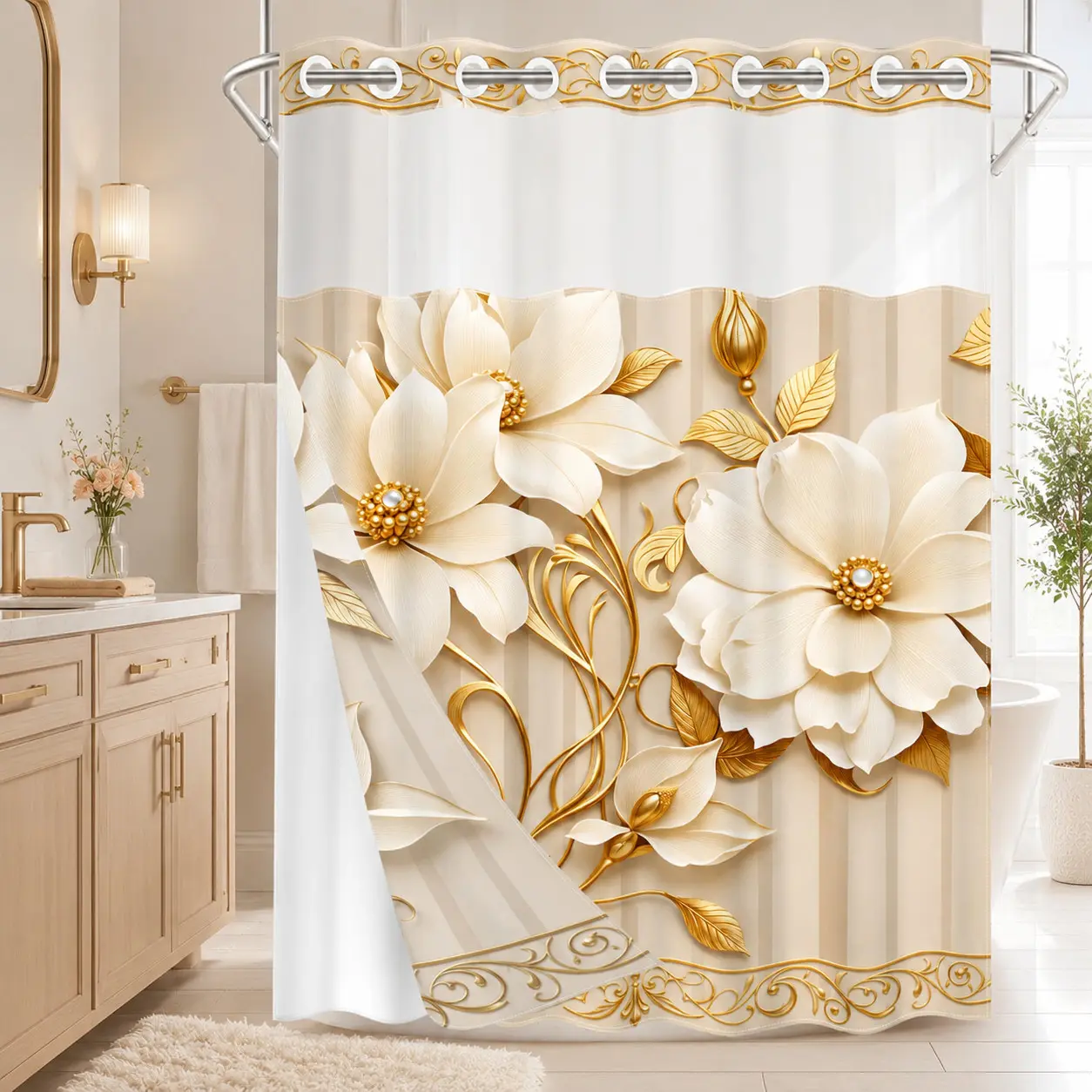 1PC 2D Flat Embossed White Floral, Gold Vine, Leaf & Pearl Pattern Double-Layer Woven Shower Curtain, No Hooks, Transparent Top Window, Removable Snap-On Liner, Elegant Luxury Bathroom Art Decor, Bathroom & Holiday Decoration