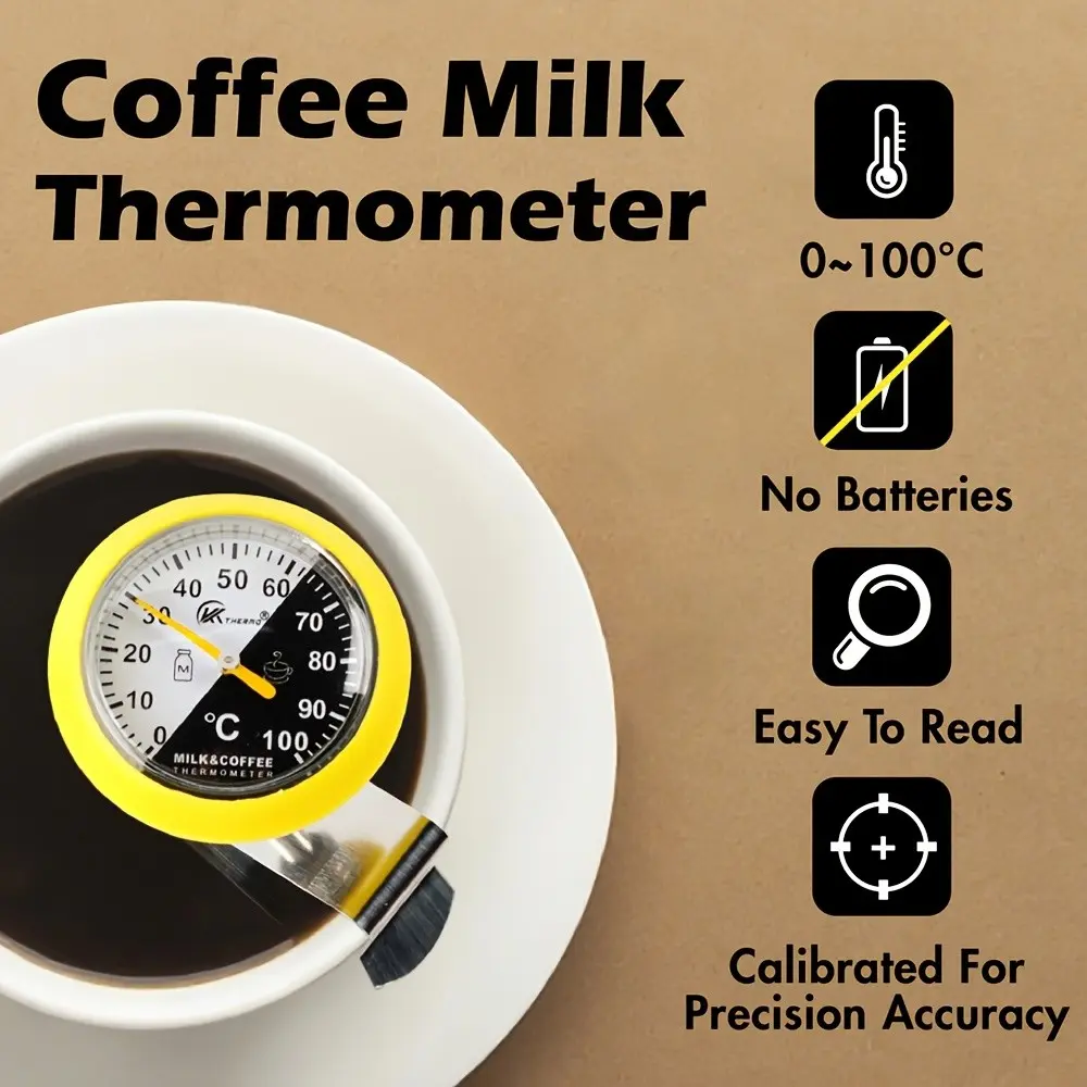 Stainless Steel Milk Coffee Thermometer, Kitchen Kitchenware Cooking Home Gadgets, Threaded Probe, Clip, Protective Case, 1.2 Inch Dial, Instant Reading, 0-100°C Range