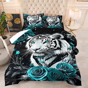 White Tiger and Blue Rose Themed Comforter Set-1 Quilt + 1-2 Coreless Pillowcases-Black Base Cyan-Blue Rose and Cold White Tiger-Soft Warm Bedding Mystical Romantic Dark Fairy Tale Vibe Bedroom Decor