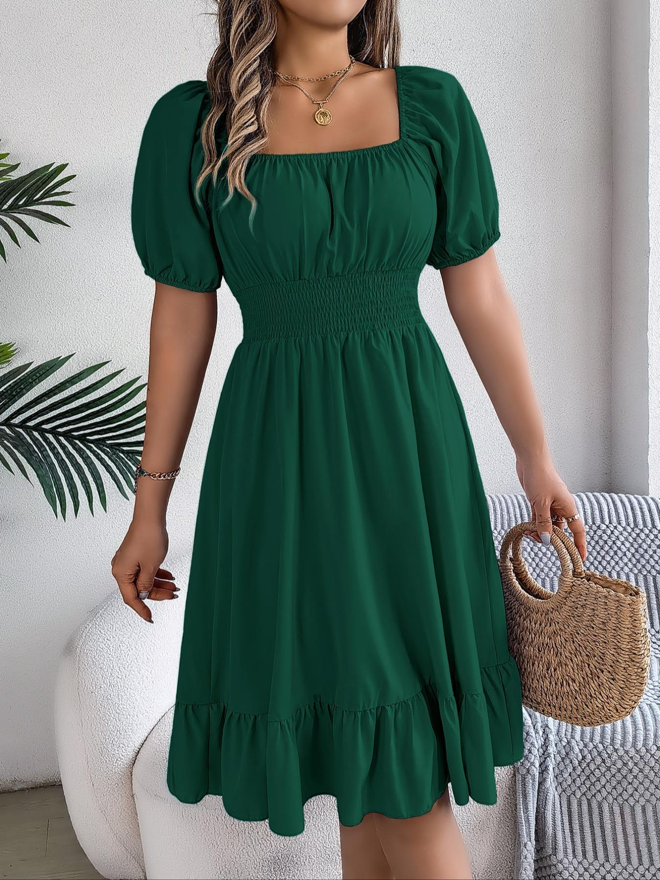 Women's Casual Fitted Plain Ruffle Hem Shirred Puff Sleeve A-Line Dress,  Elegant Aesthetic Feminine Short Sleeve Square Neck Knee-Length Dress for  Summer, Ladies French Style Dress for Beach Holiday, Casual Wear -