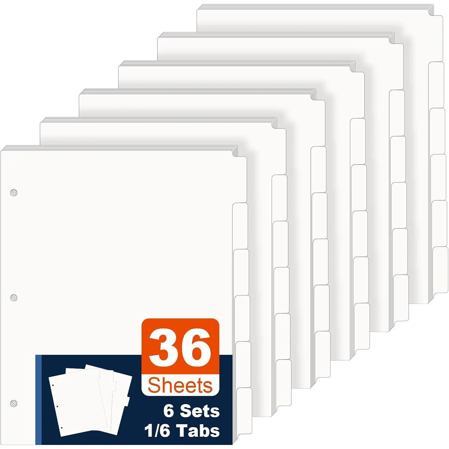 36 count Binder Dividers with Tabs, 1/6 Cut Tab Dividers for 3 Ring Binder | 8.5x11 Inch Paper White Divider Tabs, Blank Write  Binder Dividers, Letter Size, 6-Tab Set, 6 Sets, Fit School Office