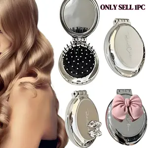 Portable Mini Pocket Mirror with Folding Comb, Round Travel Massage Hair Brush with Makeup Mirror for Girls and Women, Makeup Products, Hair Styling Comb, Detangler Brush, Anti Static Hairbrush, Grooming Brush