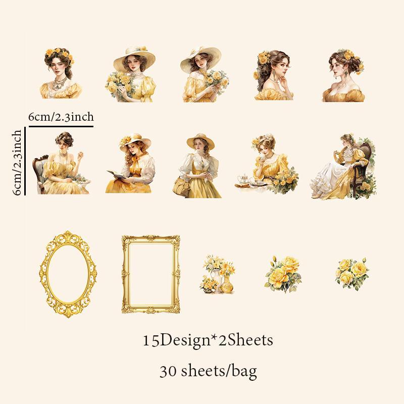 Vintage Girl Pattern Stickers, 30 Sheets/Pack PET Waterproof Self Adhesive Material Sticker, Scrapbook Decorative Stickers