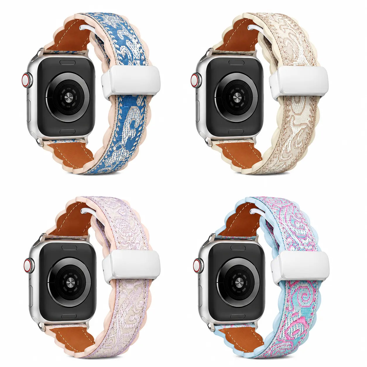 Chinese Embroidery Magnetic Leather Watch Band - Adjustable Replacement Strap for Smartwatches, Daily Wear and Casual Style