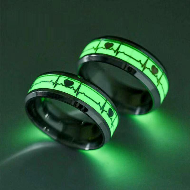 Luminous Fluorescent Titanium Steel Ring – Electrocardiogram Heartbeat Design  Green Glow Stainless Steel Couple Love Ring, Romantic Jewelry