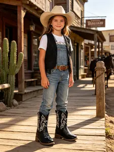 Kids Western Cowboy Boots, Embroidered Mid Calf Boots with Side Zipper, Non Slip Block Heel Cowgirl Boots for Toddler Girls, Vintage Country Fashion
