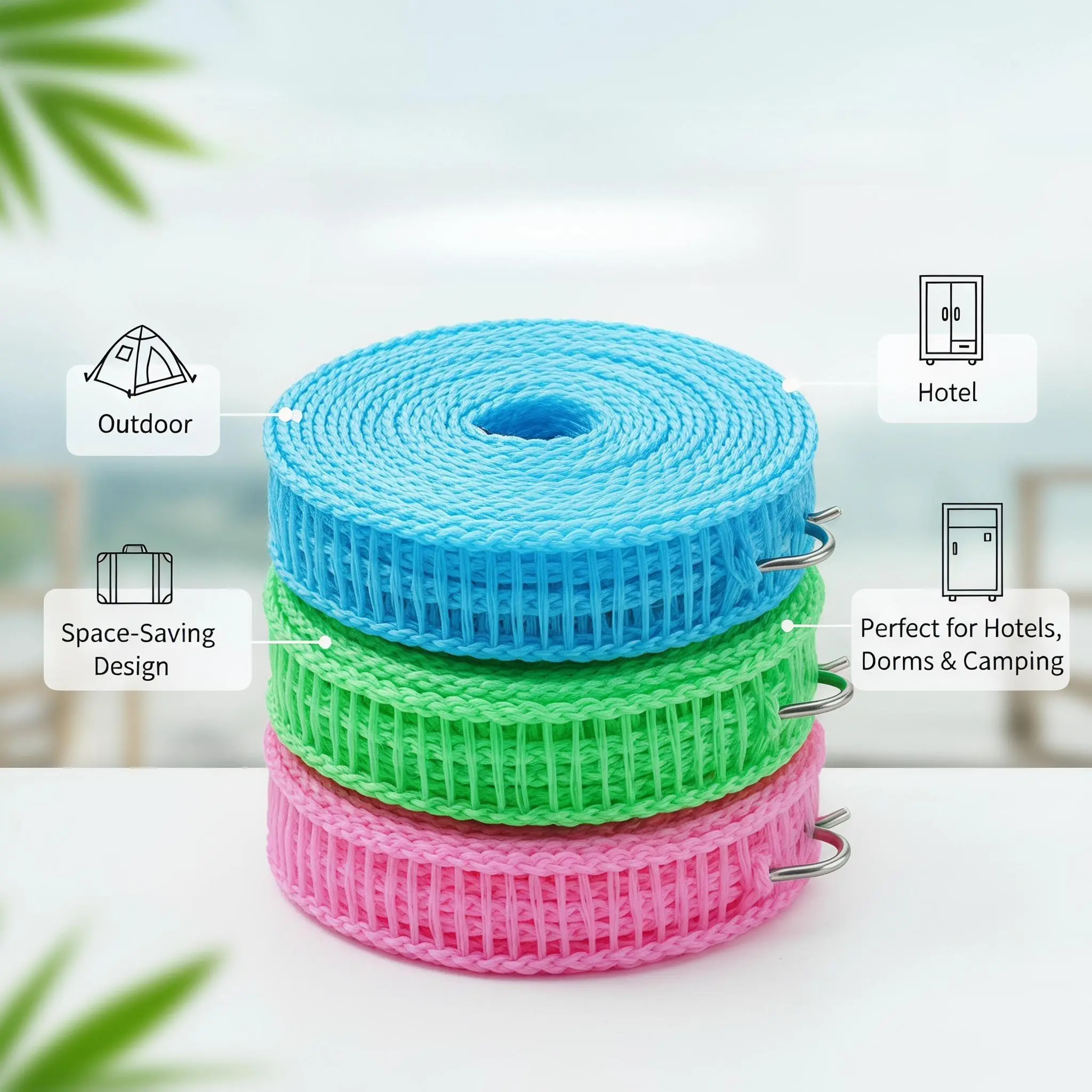 Drill-Free Windproof Nylon Clothesline - Fence-Style Laundry Rope with Non-Slip Design for Outdoor Camping, Travel; Includes Laundry & Travel Line Setup Support for Windproof Hold