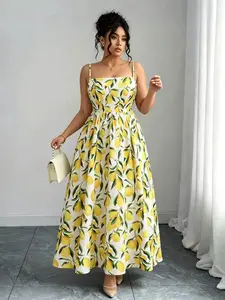 Plus Size Women's Lemon Print Halter Midi Dress, High Waist A-Line Summer Dress, Casual Beach Vacation, Picnic Date Daily Wear