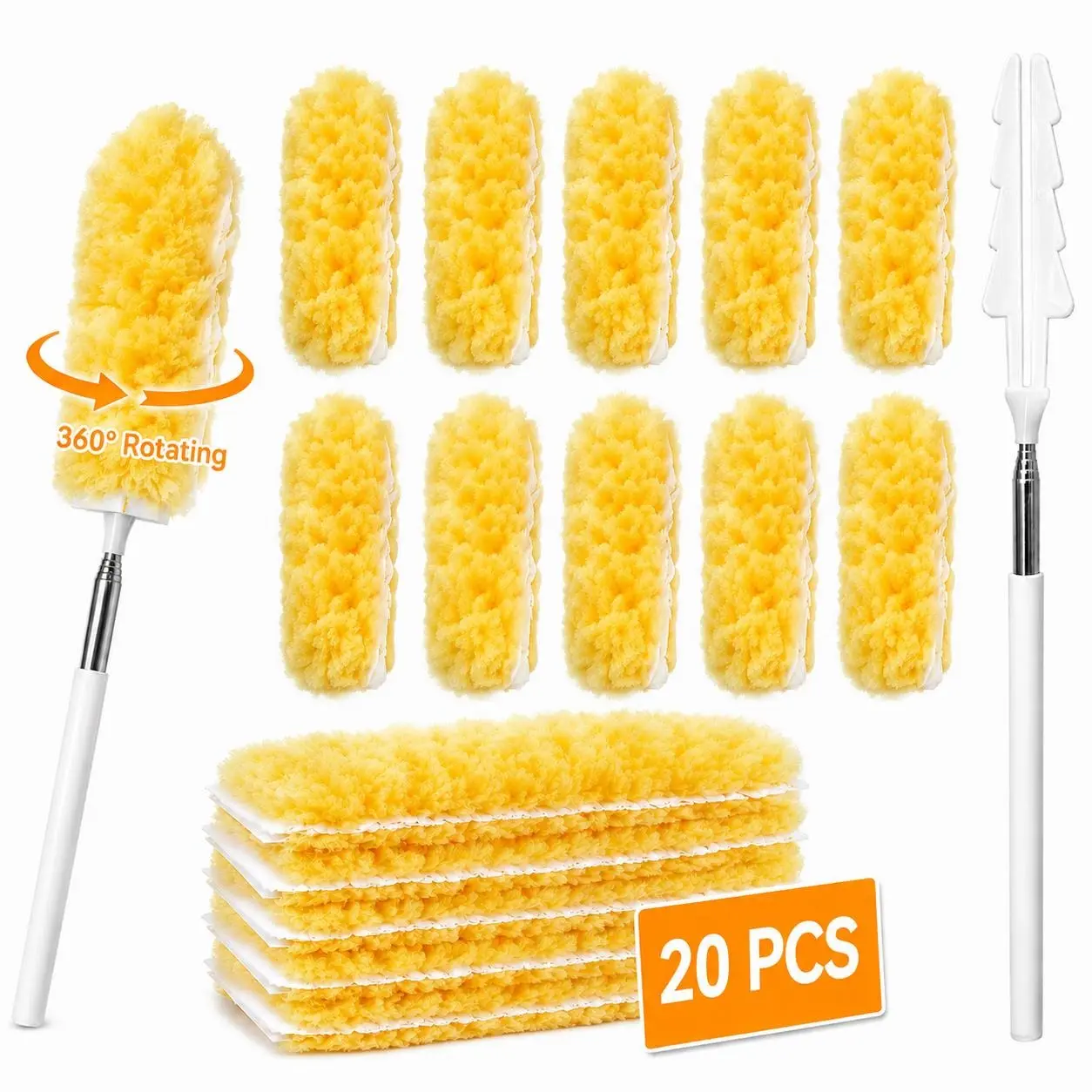 Heavy Duty Duster Refills, Disposable Dusters Kit for Cleaning Dusting Furniture Blind Ceiling Fan, Multi Surface 360 Feather Duster(20)+3FT Extended Handle(1) (Orange)