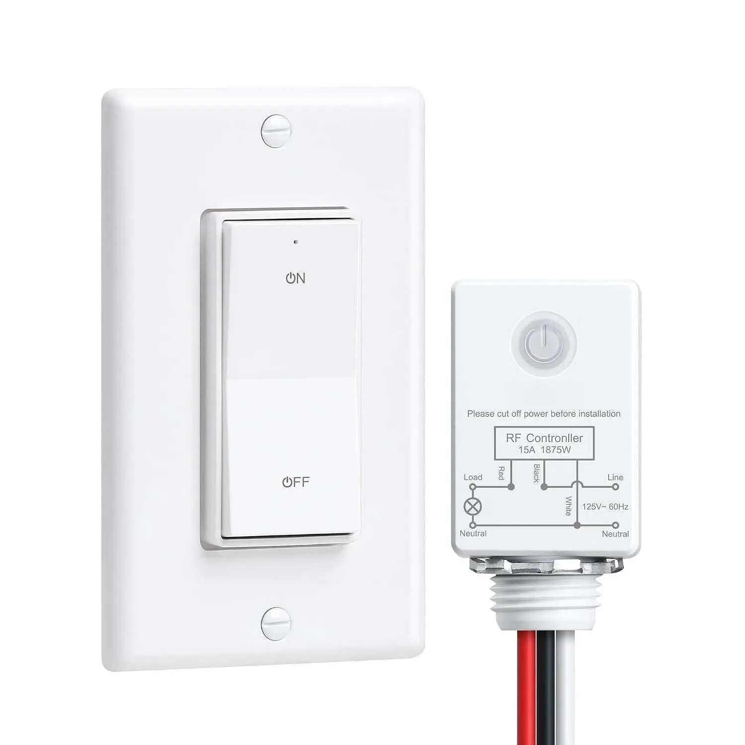 Light  and Receiver Kit, Decorator Rocker  | 200FT Long Range RF Remote Control, 15A/1875W, for Ceiling Light, Fans, Lamps, Pre-Programmed, No Rewiring, No Interference