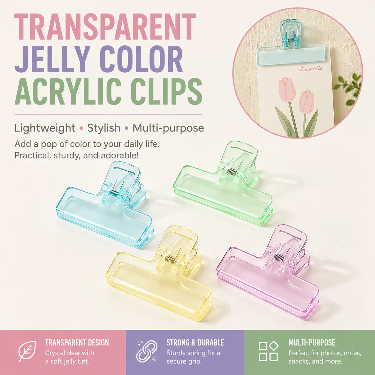 Clear Clip Set, 4pcs Multipurpose Transparent Clip, Fastener Clip, File Clip, Office Clip, Home Clip, Clamp for File, Document, Photo, Paper-YY0