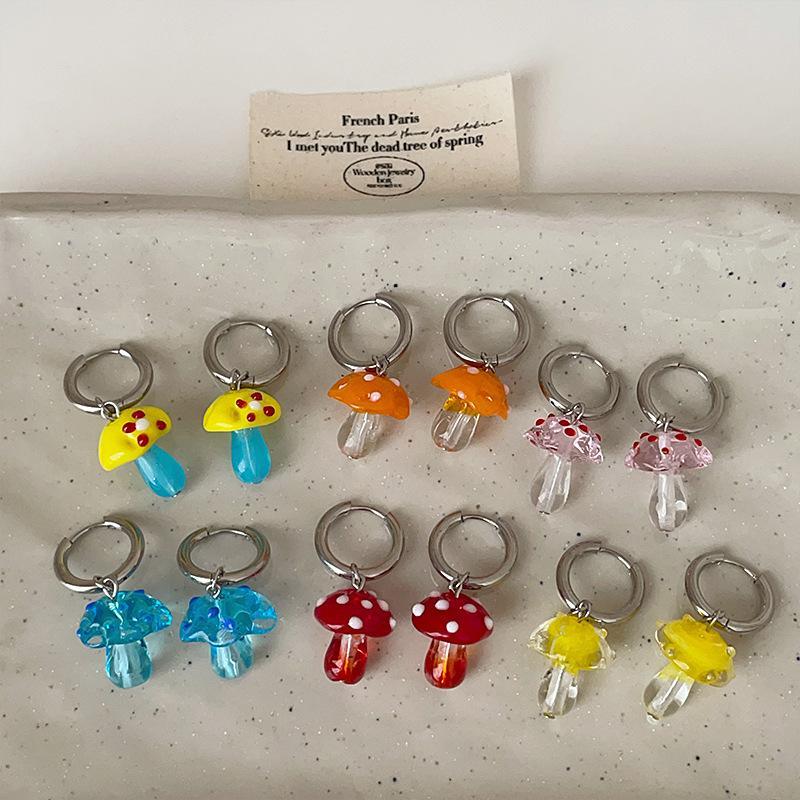 Minar Funny Contrast Color Coloured Glaze Crystal Mushroom Hoop Earrings for Women Silver Plated Metal Holiday Casual Jewelry